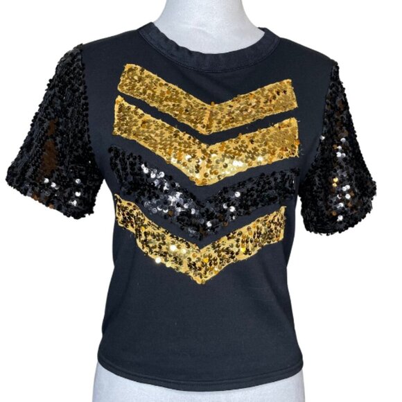 Weissman Women's Chevron Sequin Black Gold Round Neck Top Size Small Cotton - Picture 1 of 7
